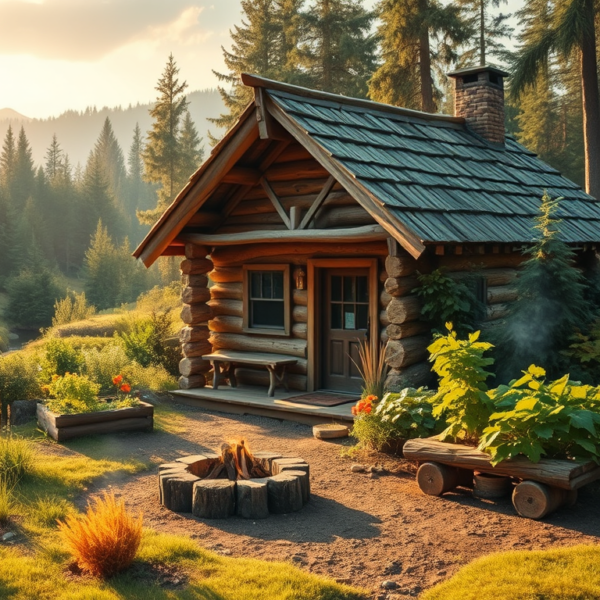 cabane-en-rondin-en-nature-avec-potager-banc-en-rondin